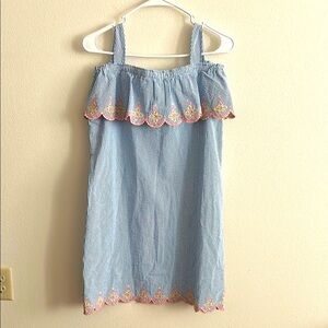 Blue/White Striped Seersucker Embroidered Trim Ruffle Neckline Midi Sundress